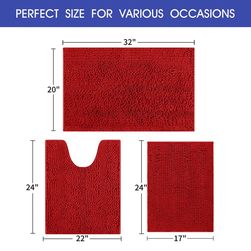 ACCUMTEK Christmas Striped Red Ultra Soft Bathroom Rugs and Mats Set 3 Pieces Bath Mat Set, Thick Chenille Bath Rugs Non Slip Bath Mats for Bathroom, Kitchen, Burgundy - Image 5